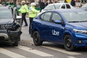 A blue car with an Uber label on the side is shown after a crash. The image highlights the aftermath of a rideshare accident, raising the question, 'Who Is Liable in an Uber or Lyft Accident?'.