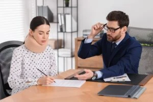 A lawyer explaining how to file a bicycle accident claim to an injured young woman.