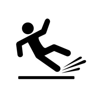 A silhouette on a white background shows a person in the midst of a slip-and-fall accident wondering what to do.