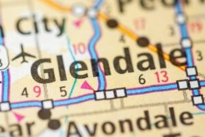 Close up of Glendale, Arizona located on a map, where accident lawyers can help pursue claims