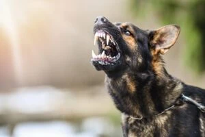 Aggressive dog shows dangerous fangs threatening to bite