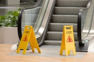 Two yellow caution signs placed on the steps of automatic stairs representing the concept of Slip and Fall Accident