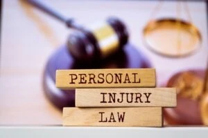 Three stacked wooden blocks, each with an etched word: personal, injury, lawyer. A gavel and scale in the background.