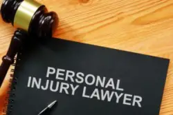 A notebook that belongs to a California personal injury lawyer is placed near a gavel.