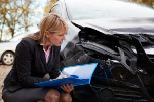 Insurance adjuster creating an evidence report to assess truck accident damages on a compact car