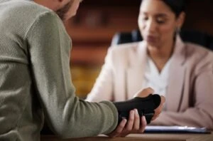 A man with his hand in a brace speaking with a truck accident attorney.