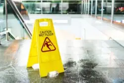A wet floor sign is placed after someone calls a San Francisco slip and fall accident lawyer.