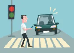 vector of a pedestrian crossing the road at a red light with a car coming
