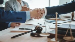 Working together judge counselor having team meeting with client discussing legal legislation at law firm, Law and Legal services concept.