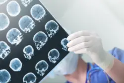 Doctor looking at scans of a brain for infant brain ischemia