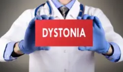 A doctor holding a sign that says "Dystonia"