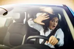 Woman driving a car with a panic look on her face while her hand is up as if she is about to crash.