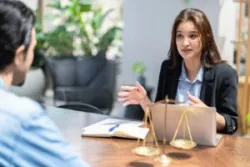 Civil rights lawyer sits across desk from client during consultation