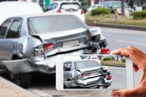 Someone holding a smartphone in front of a car after a big rig accident as they gather evidence that highlights how badly their vehicle was damaged.