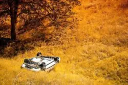 Las Vegas Rollover Accident Lawyer: Overturned car in a field of tall golden grass with a tree in the background