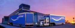 prime trucks at amazon location at dusk