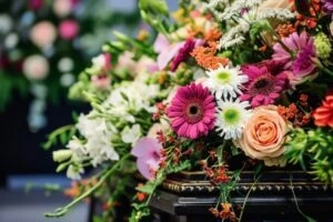 flower arrangement on a coffin