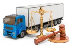 a blue semi truck with a white trailer next to a scale and a gavel