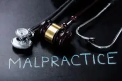 Medical malpractice conveyed by a stethoscope, a gavel, and the word malpractice.