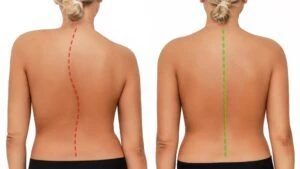 Images of a young woman’s back show her with a crooked spine and with a straight spine, leading to the question: Is scoliosis a disability?