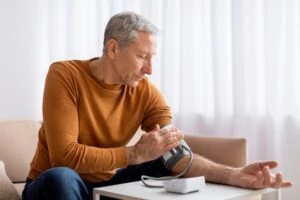 Man using a blood pressure monitor and wondering what the VA rating for hypertension is.