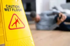 A man is lying on the floor and grabbing his knee after a slip-and-fall accident.