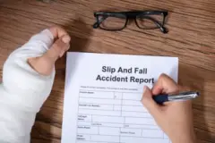 overhead view of a woman with a broken wrist filling out a slip-and-fall accident report