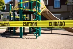 Caution tape barring access to faulty equipment playground. Miramar Beach premises liability lawyer