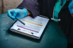 African American nurse sitting at a table reviewing a clipboard