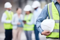 Businessman, architect and helmet for safety in construction, project management or meeting on site. Man holding hard hat for industrial architecture, teamwork or maintenance and building in the city.