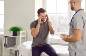 A man at a doctor’s office holding his head, wondering, “What is the average settlement for a traumatic brain injury?”