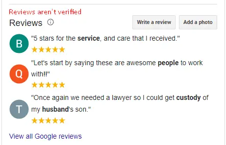 rendering of the “reviews aren’t verified” label in the Google knowledge panel