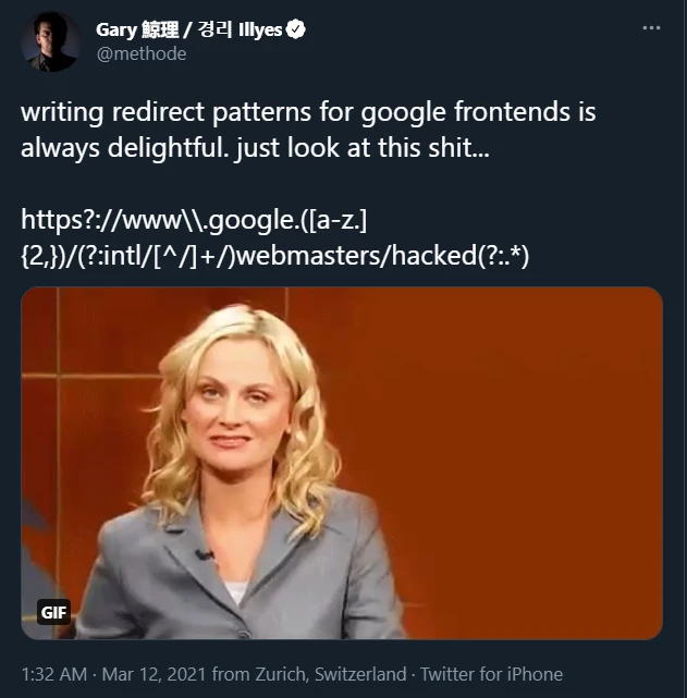 Screenshot of a tweet from Google's Webmaster Trends Analyst Gary Illyes talking about redirect patterns.