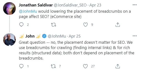 Screenshot of John Mueller tweet explaining that breadcrumb placement does not matter.