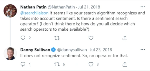 Tweet from Danny Sullivan saying that Google does not recognize online sentiment.