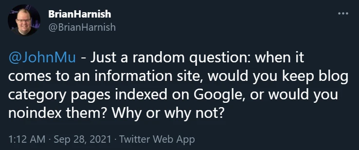 Tweet from Brian Harnish asking John Mueller About Category Pages