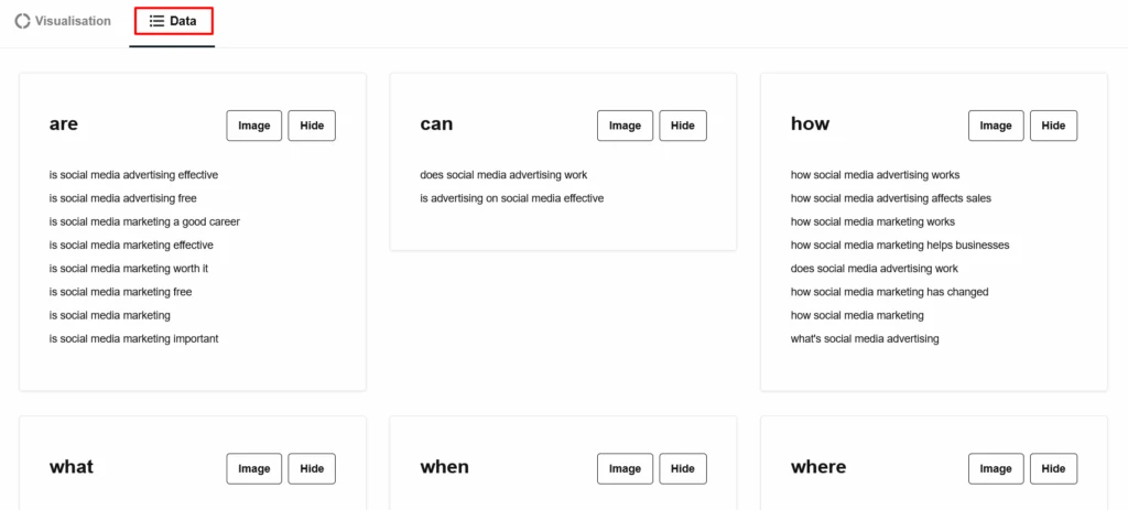 A group of lists generated by the AnswerThePublic tool, with a tab titled 'Data' outlined in red at the top of the page.