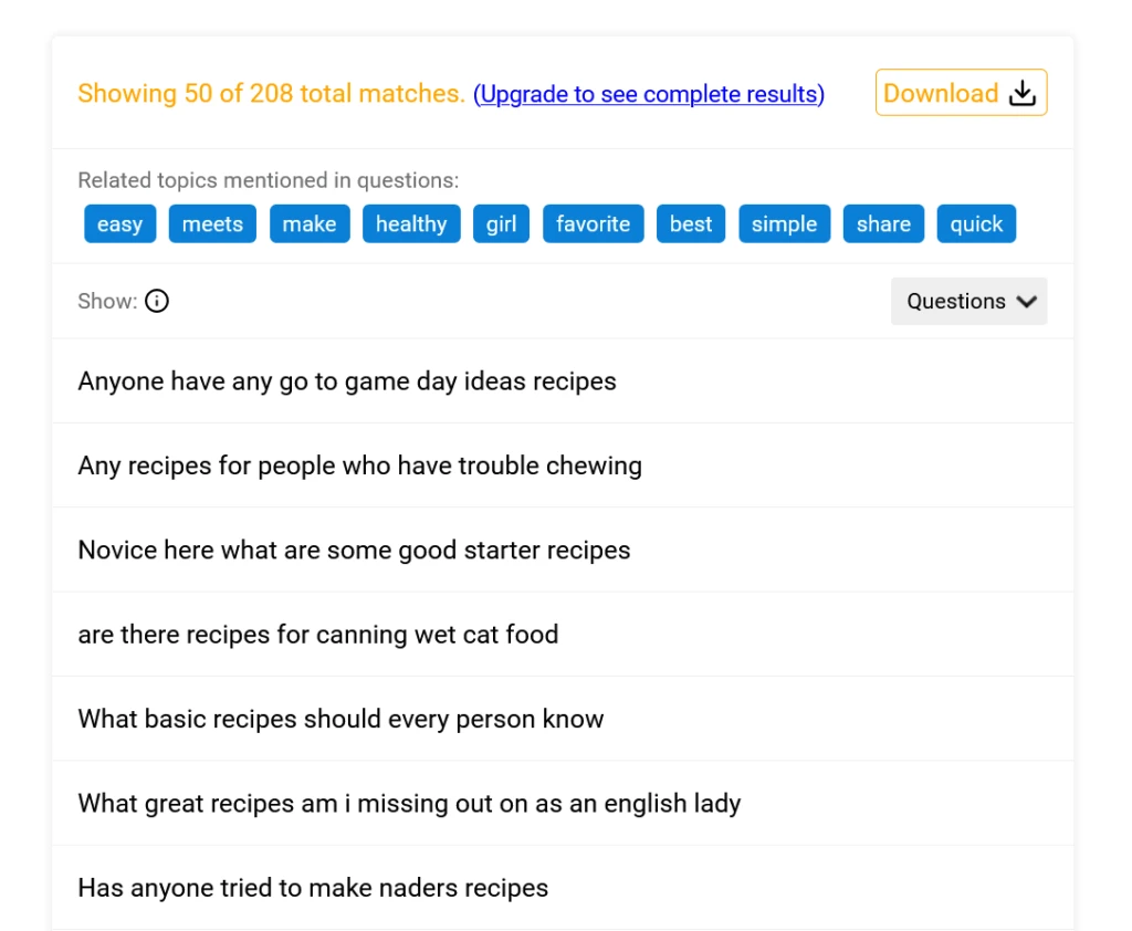 QuestionDB's results for the topic 'recipes.'