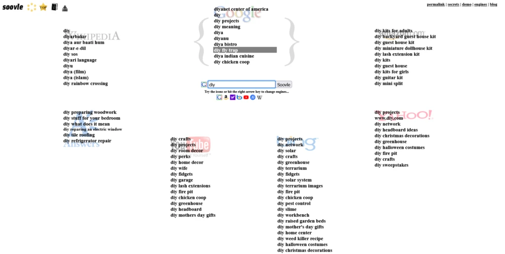 Screenshot of Soovle displaying results for the keyword 'DIY.'