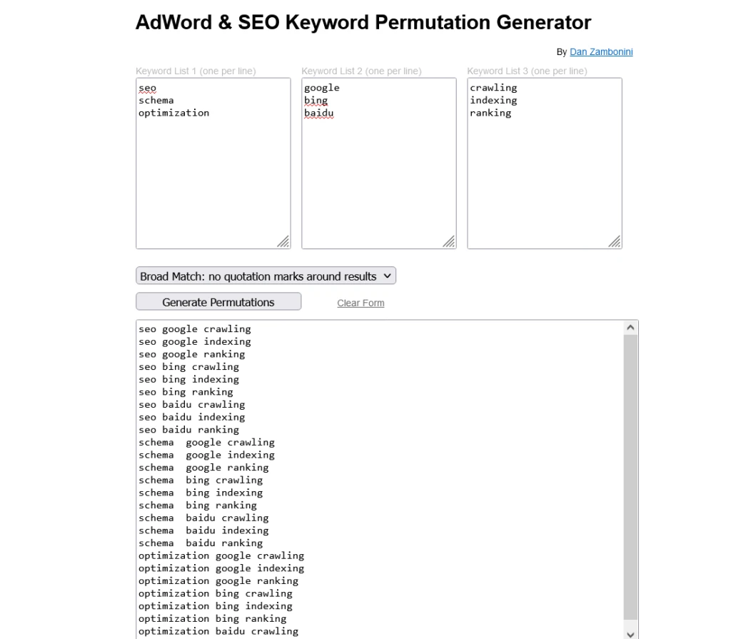 The AdWord & SEO Keyword Permutation Generator being used to generate permutations from three lists of three keywords each.