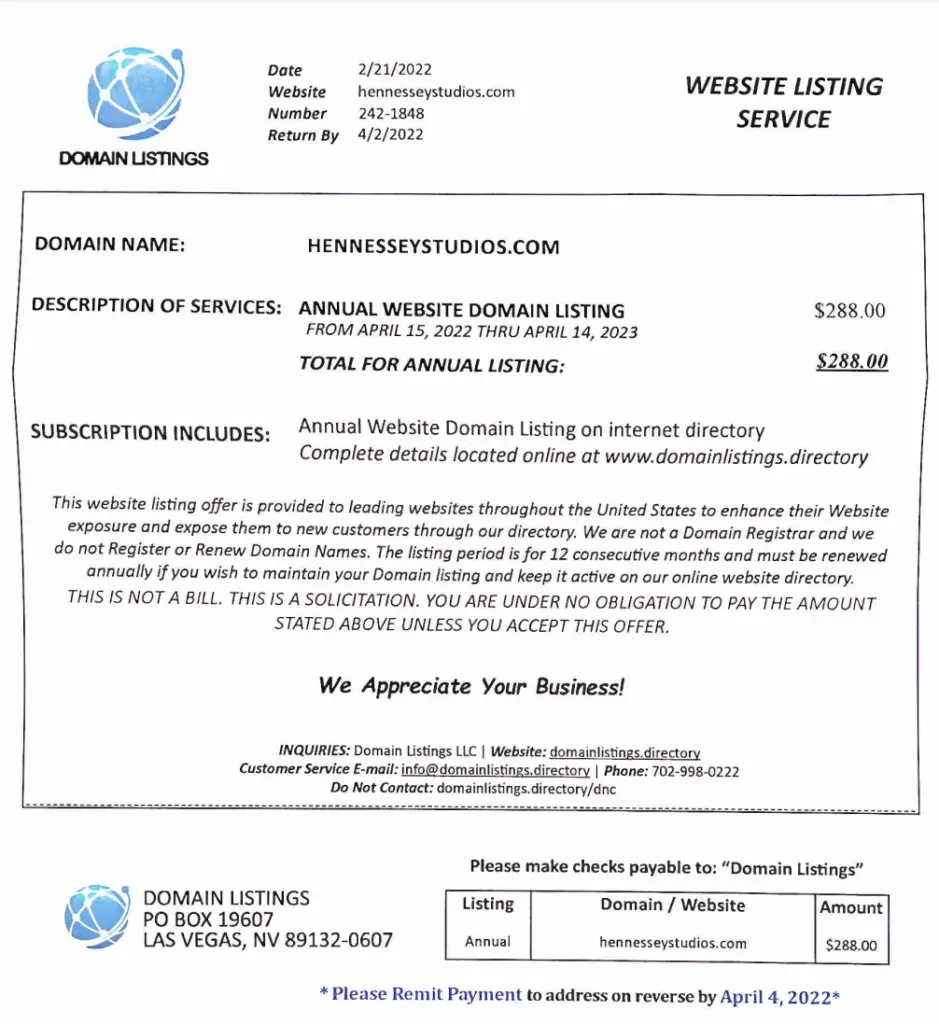 Screenshot of domain name scam invoice