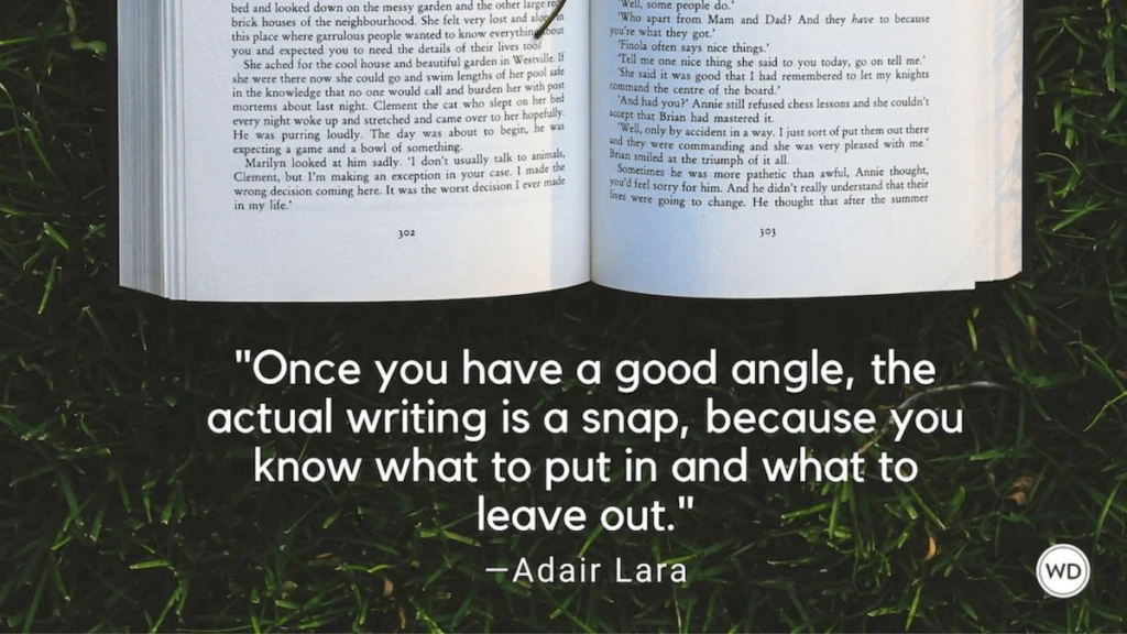 Quote from Adair Lara about finding a good angle to write about and capitalizing on it.