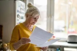 An older woman reviewing documents wonders how to file a complaint with the sac after an investment fraud.