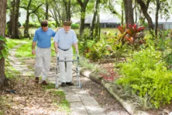 Elderly person walking with a walker and a person