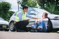 police officer working with a crash victim on site