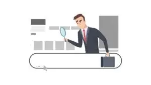 Searching in browser. Man look search bar with magnifying glass. Business man finding information online vector concept
