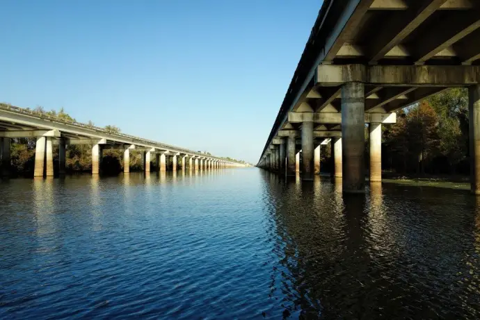 a view from the water under the Atchafalaya Basin Bridge
