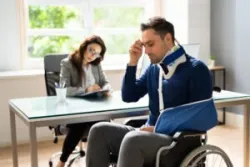 a man in a wheelchair with a nck brace and sling sits across the table from a lady with a clipboard
