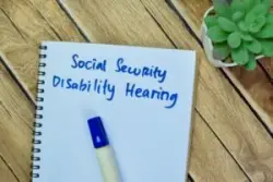 "Social Security Disability Hearing" written in blue on a notebook, which is isolated on a wooden table with a green plant nearby.