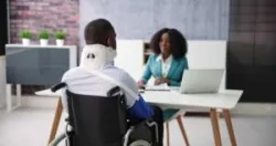 A man in a wheelchair and a neck brace consults a Social Security Disability lawyer about what happens after he fills out a Function Report for Disability.